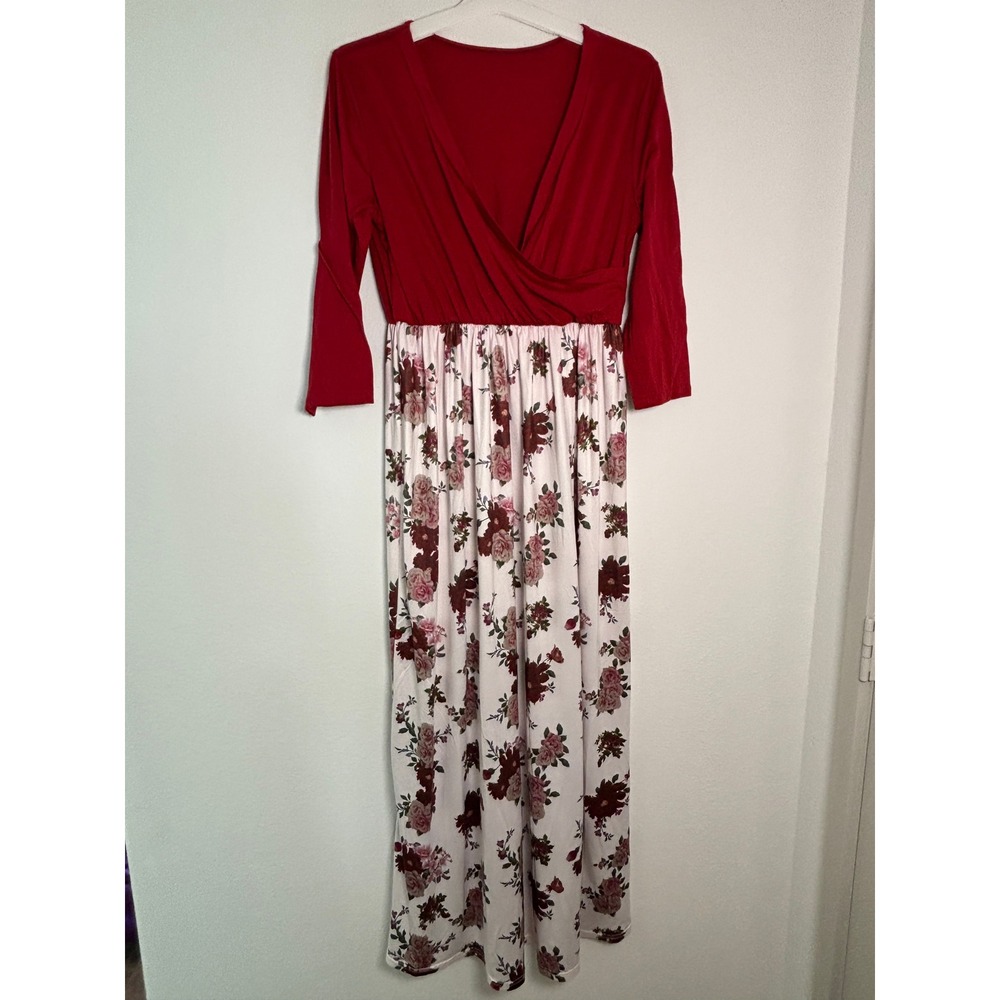 Red Floral‎ Maxi Dress Surplice Wrap 3/4 Sleeve Empire Waist Maternity Friendly